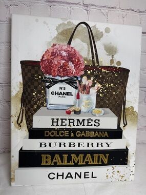 Unbranded Canvas Wall Art Pink Floral Brown Bag Fashion Gold Accents 14x11x1.5in